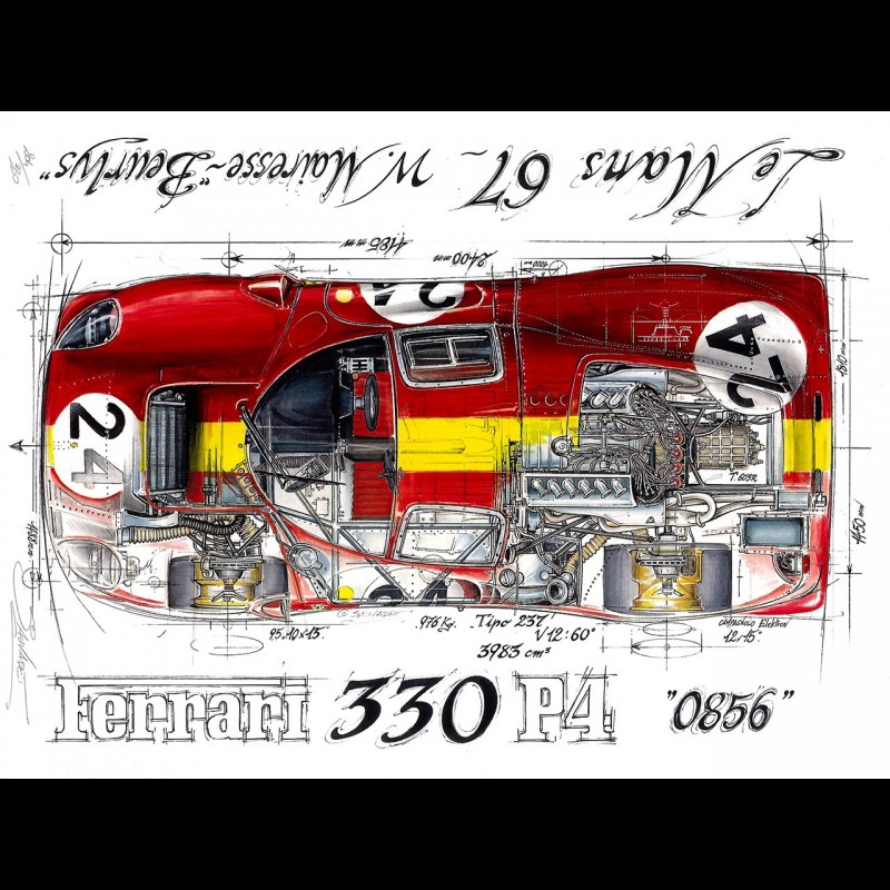 Ferrari 330 P4 24h Le Mans 1967 n 24 original drawing by Sébastien