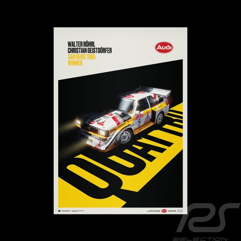 Poster Walter Röhrl - Christian Geistdörfer Audi Quattro S1 Vainqueur San Remo 1985 Alitalia Limited edition