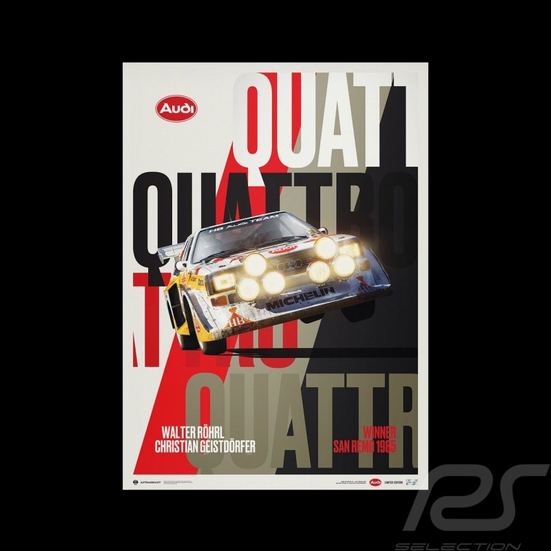 Poster Walter Röhrl - Christian Geistdörfer Audi Quattro S1 Vainqueur San Remo 1985 Alitalia Limited edition