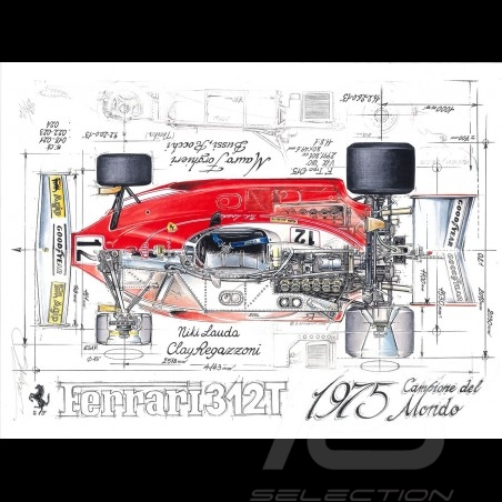 Ferrari 312T Lauda Reggazoni 1975 original drawing by Sébastien Sauvadet