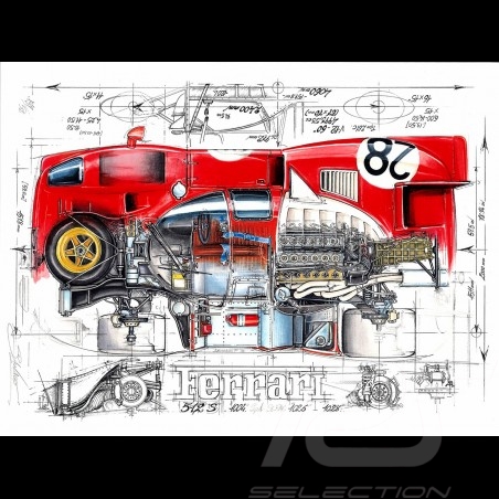 Ferrari 512 S N° 28 Scuderia Ferrari original drawing by Sébastien Sauvadet