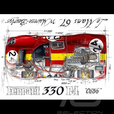 Ferrari 330 P4 24h Le Mans 1967 n° 24 original drawing by Sébastien Sauvadet