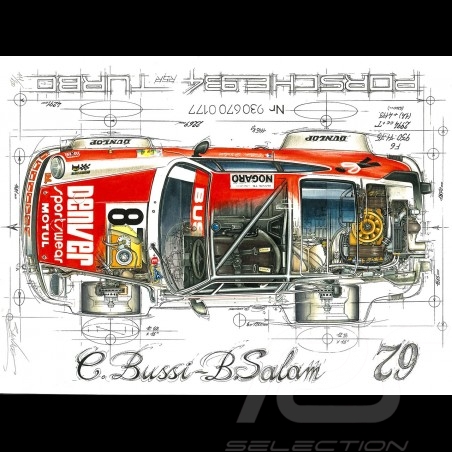 Porsche 934 Turbo RSR Le Mans 1979 N° 87 Bussi dessin original de Sébastien Sauvadet