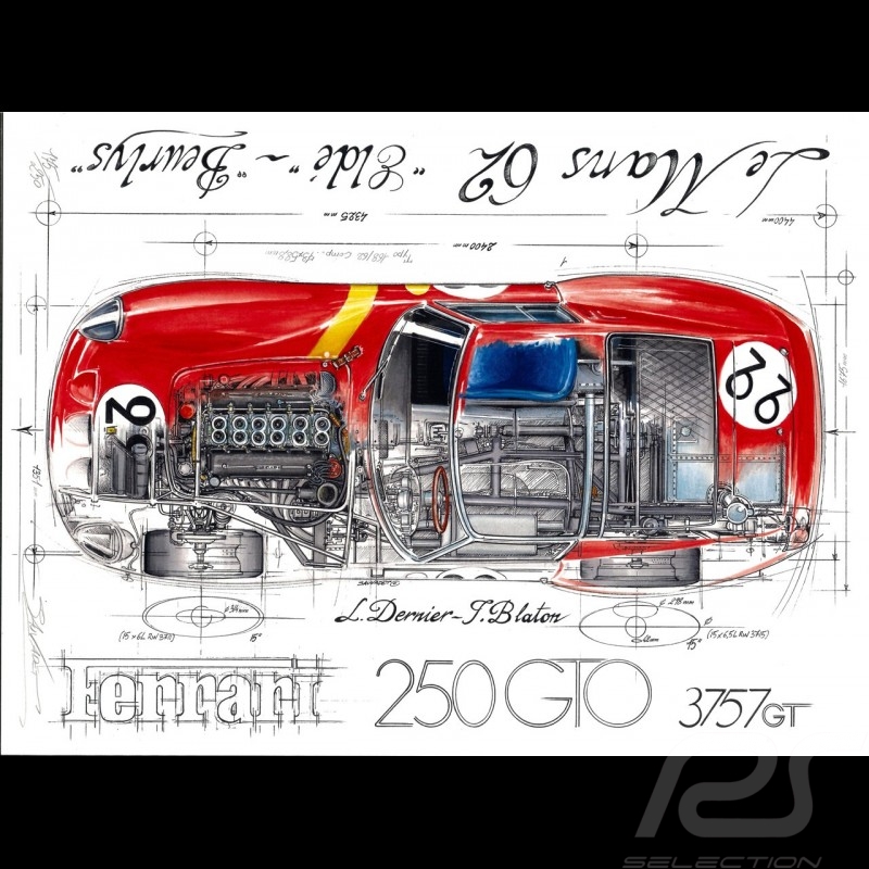 Ferrari 250 GTO 24h Le Mans 1962 n° 22 Original Zeichnung von Sébastien Sauvadet