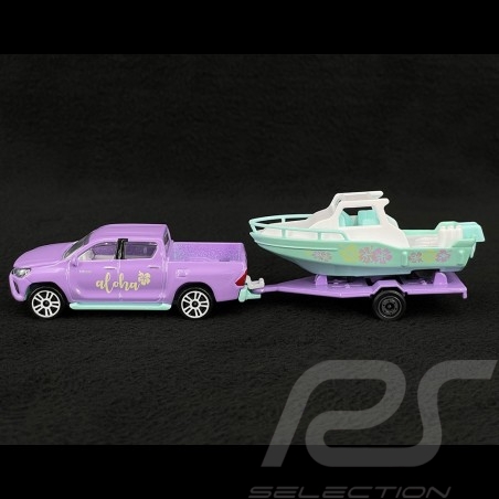 Toyota Hilux Revo avec remorque et bateau violet / vert Aloha 1/64 Majorette