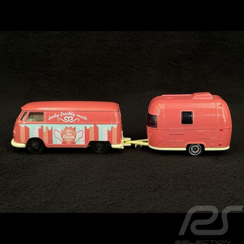 Volkswagen VW T1 avec caravane Airstream Sport 16 Ice Cream Rose 1/64 Majorette