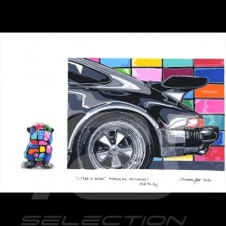 Porsche 911 Turbo noire Bull the Dog "A Star is Born" Reproduction d'une peinture originale de Bixhope Art