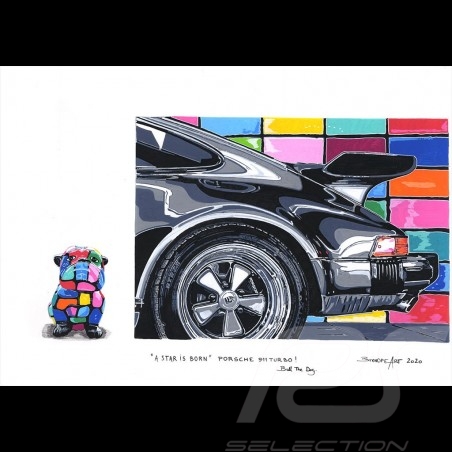 Porsche 911 Turbo schwarz Bull the Dog "A Star is Born" Reproduktion eines Originalgemäldes von Bixhope Art.