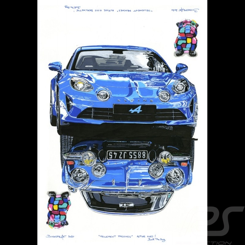 Alpine A110 Berlinette 1963 & A110 2017 "Tellement Proches!" Bull the Dog Reproduction of an original painting by Bixhope Art