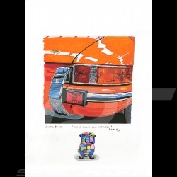 Porsche 911 1971 "Orange Mecanic Need Hapiness !" Bull the Dog Reproduction d'une peinture originale de Bixhope Art
