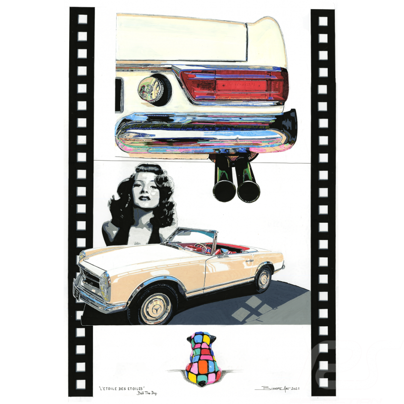Mercedes 250 SL Pagode 1967 "L'Etoile des Etoiles" Bull the Dog Reproduction of an original painting by Bixhope Art