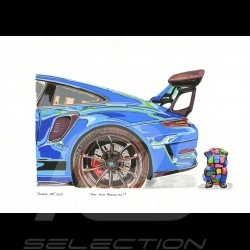 Porsche 911 GT3 RS Bleu Requin "Dogs loves Porsche too" Bull the Dog Reproduction d'une peinture originale de Bixhope Art