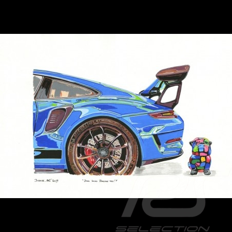 Porsche 911 GT3 RS Bleu Requin "Dogs loves Porsche too" Bull the Dog Reproduction d'une peinture originale de Bixhope Art
