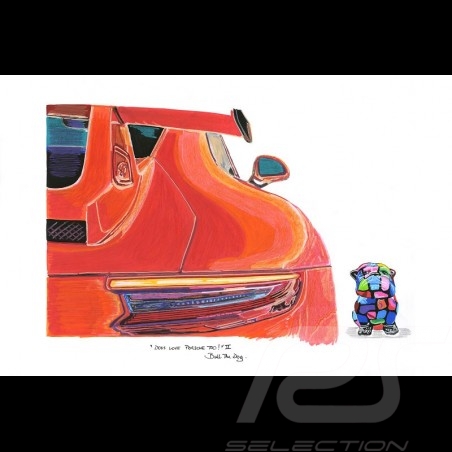 Porsche 911 GT3 Orange Fusion "Dogs loves Porsche too 2" Bull the Dog Reproduction d'une peinture originale de Bixhope Art