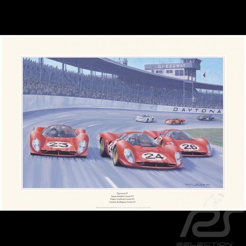 Poster Trio Ferrari 330P n° 23 & n° 24 / Ferrari 412P n° 26 24h Daytona 1967 " Daytona 67 " von Benoît Deliège