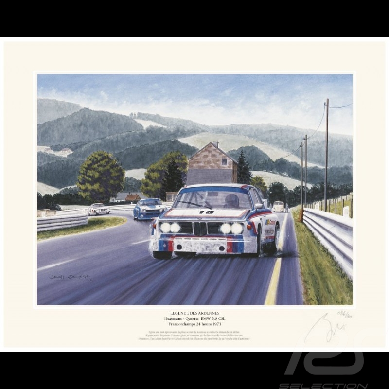 Poster BMW 3.0 CSL n° 10 24h Spa 1973 " Legende des Ardennes " von Benoît Deliège