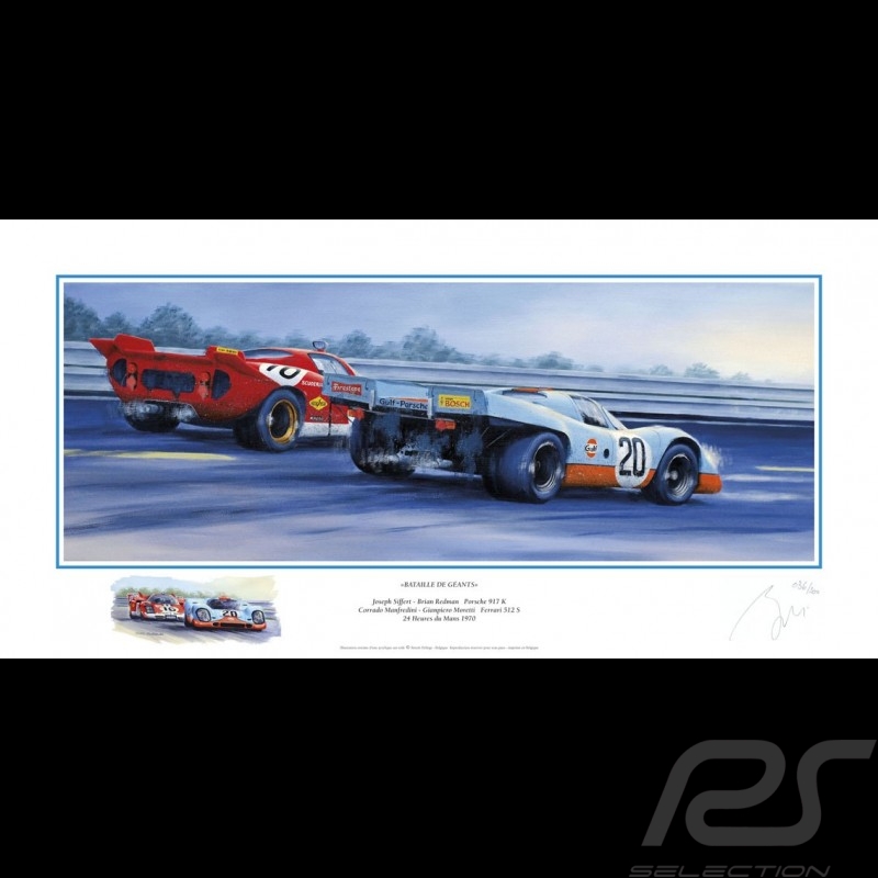Poster Porsche 917K Gulf n° 20 & Ferrari 512S n° 16 24h Le Mans 1970 " Bataille de géants " de Benoît Deliège Poster Porsche 917K Gulf n° 20 & Ferrari 512S n° 16 24h Le Mans 1970 " Bataille de géants " de Benoît Deliège