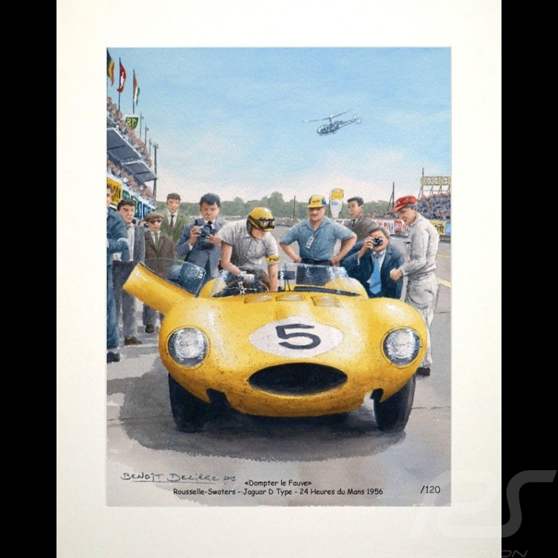 Poster Jaguar Type D n° 5 24h Le Mans 1956 " Dompter le fauve " de Benoît Deliège