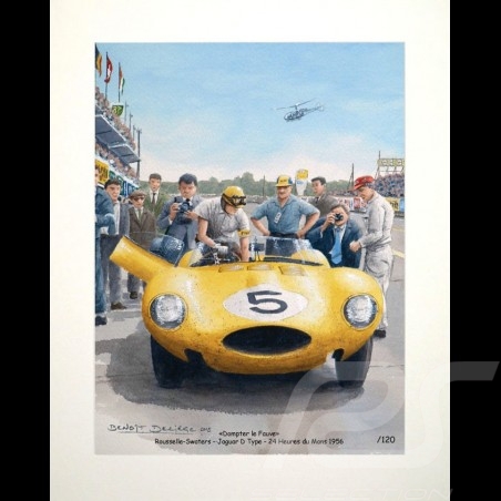 Poster Jaguar Type D n° 5 24h Le Mans 1956 " Dompter le fauve " von Benoît Deliège