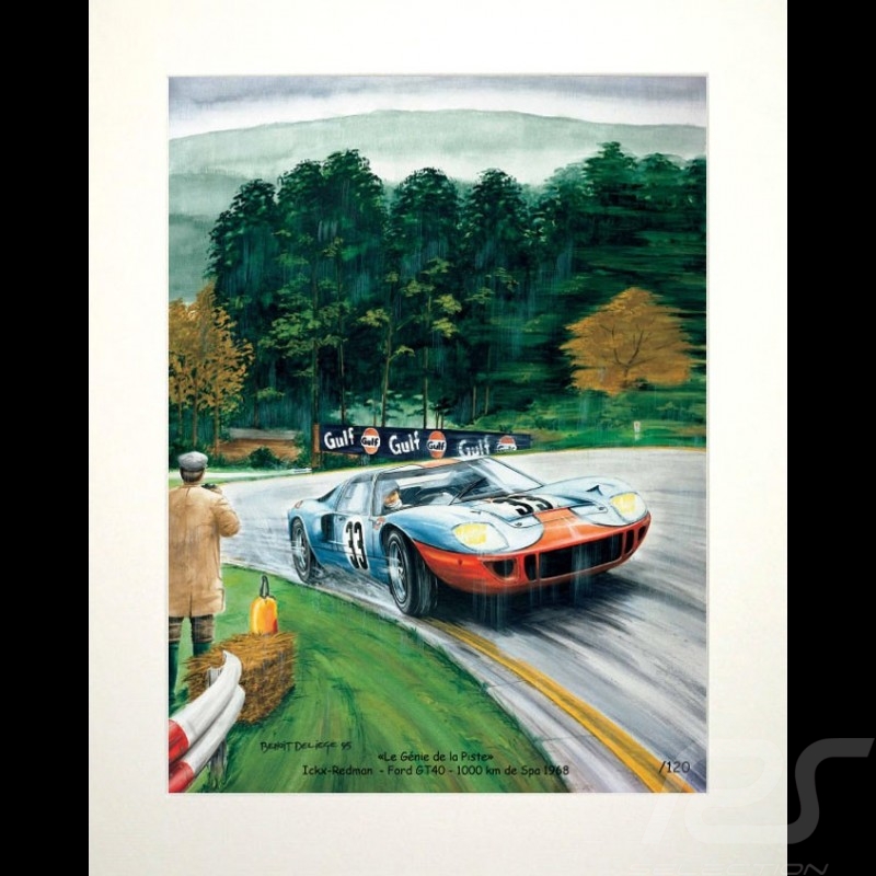Poster Ford GT40 n° 33 Jacky Ickx 1000km Spa 1968 " Génie de la piste " de Benoît Deliège