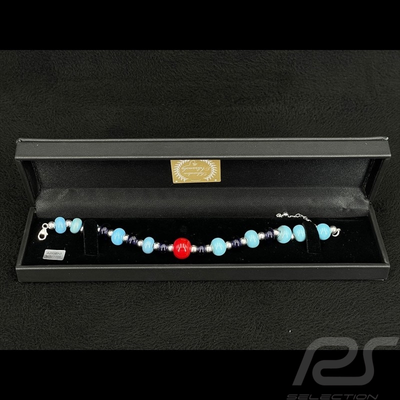 Bracelet Inspiration Martini Racing Sebring perles de verre avec chaîne argent - Sue Corfield Bracelet Inspiration Martini Racing Sebring perles de verre avec chaîne argent - Sue Corfield