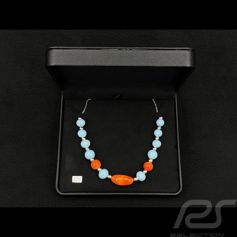 Gulf Racing Inspiration Necklace Sebring glass beads with silver chain - Sue Corfield