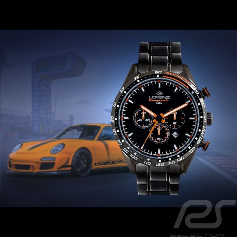 Motorsport Uhr Granpremio Chronograph Stahl Schwarz / Orange Racing mit Spezialbox Helm 030225CC