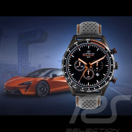 Motorsport Uhr Granpremio Chronograph Gelochtes Leder Schwarz / Orange Racing mit Spezialbox Helm 030226CC