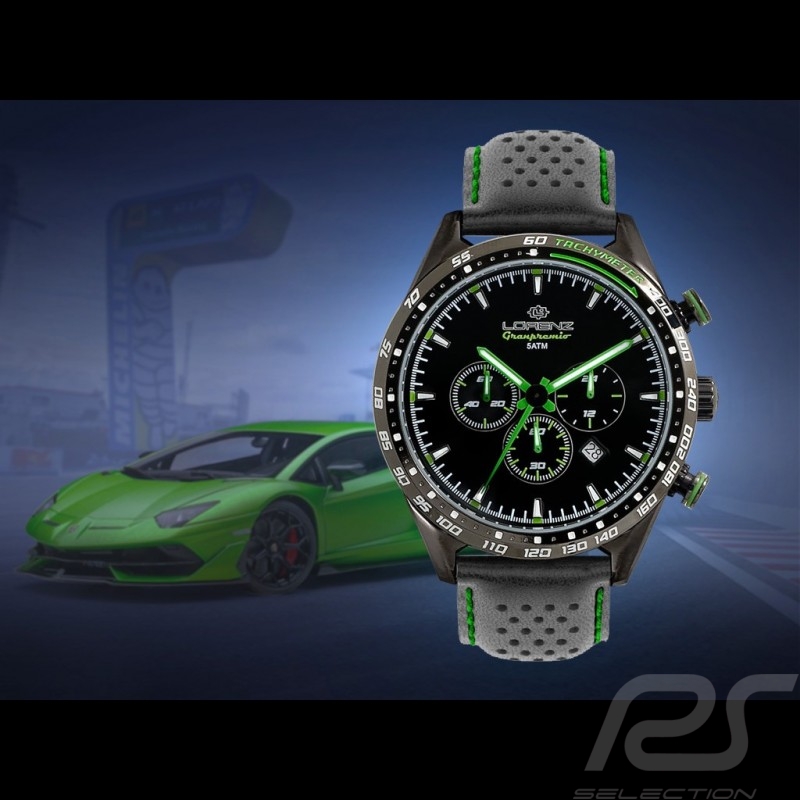 Montre Motorsport Granpremio Chronographe Cuir Perforé Noir / Vert Racing avec Coffret spécial Casque 030226DD
