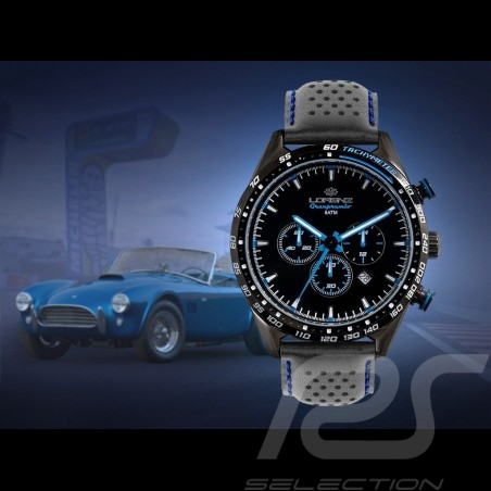 Motorsport Uhr Granpremio Chronograph Gelochtes Leder Schwarz / Blau Racing mit Spezialbox Helm 030226BB