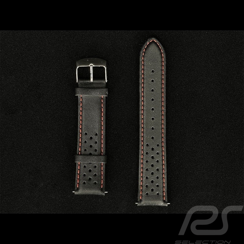 Uhrenarmband Rally Leder Schwarz / Rote Nähte - Stahlschließe