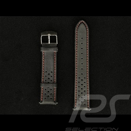 Watch Band Rally Leather Black / Red Stitching - Steel buckle