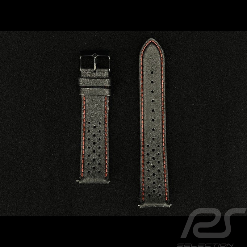 Watch Band Rally Leather Black / Red Stitching - Black steel buckle Watch Band Rally Leather Black / Red Stitching - Black steel buckle