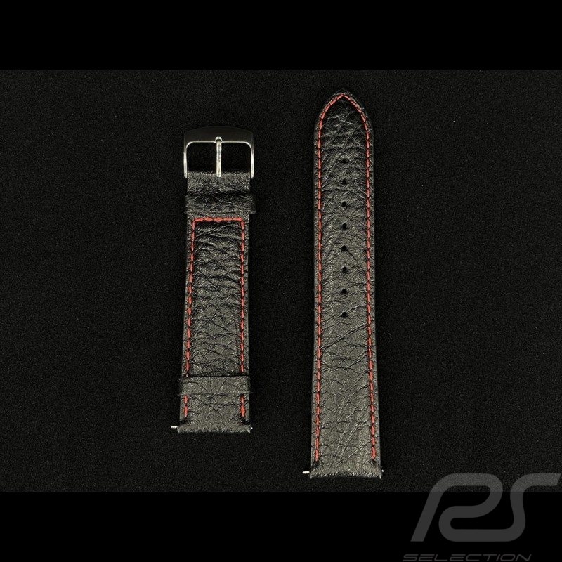 Uhrenarmband Genarbt Leder Schwarz / Rote Nähte - Stahlschließe Uhrenarmband Genarbt Leder Schwarz / Rote Nähte - Stahlschließe