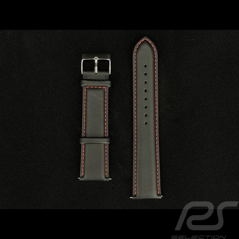 Bracelet de montre Lisse Cuir Noir / Surpiqûres rouge - boucle acier