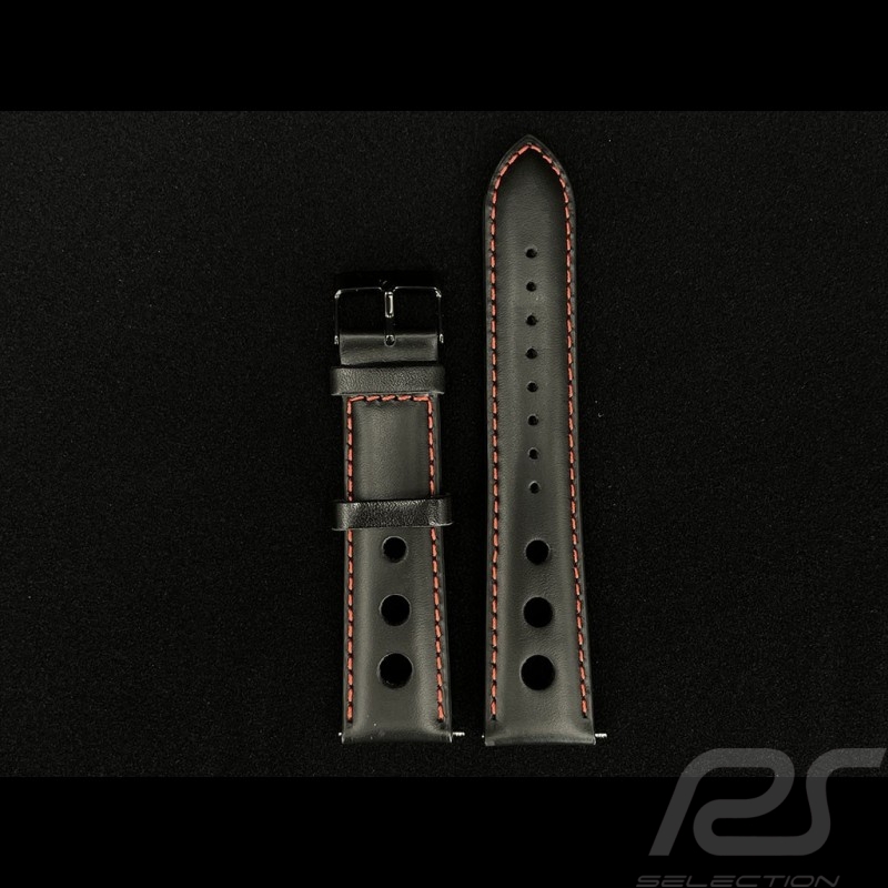 Watch Band 3 Holes Leather Black / Red Stitching - Black steel buckle Watch Band 3 Holes Leather Black / Red Stitching - Black steel buckle