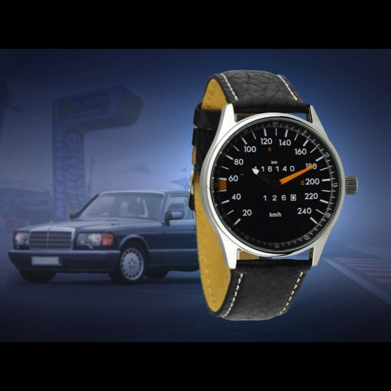 Montre compteur de vitesse Mercedes-Benz 280 SL W107 boitier chrome / fond  noir / chiffres blancs