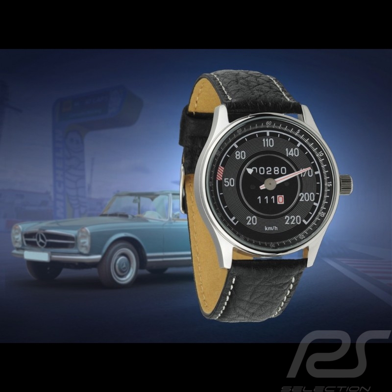 Montre compteur de vitesse Mercedes-Benz Pagode 280 SL W111 boitier chrome / fond noir / chiffres blancs