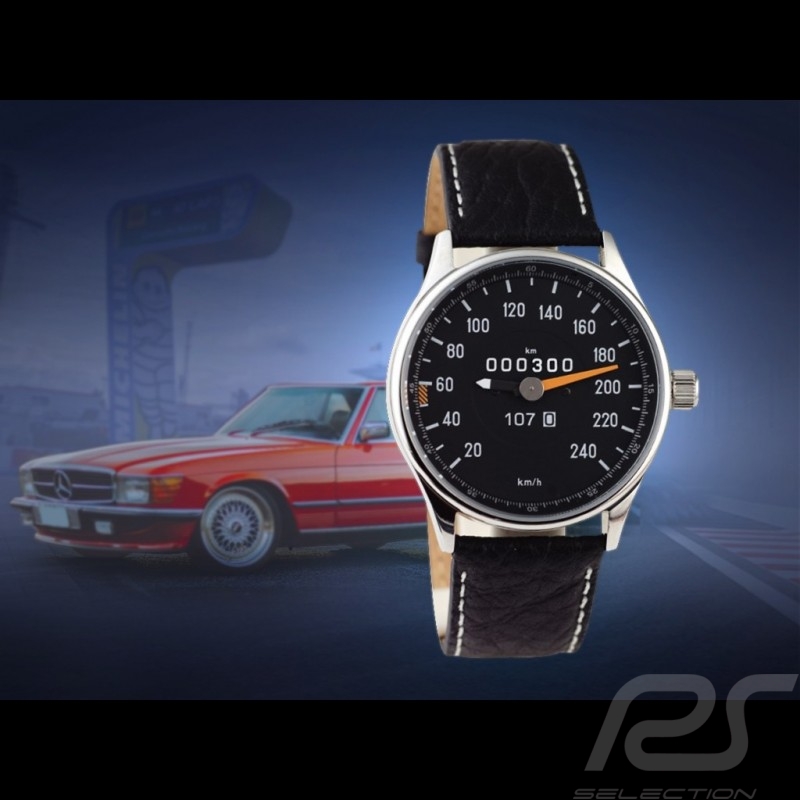 Montre compteur de vitesse Mercedes-Benz 300 SL W107 boitier chrome / fond noir / chiffres blancs