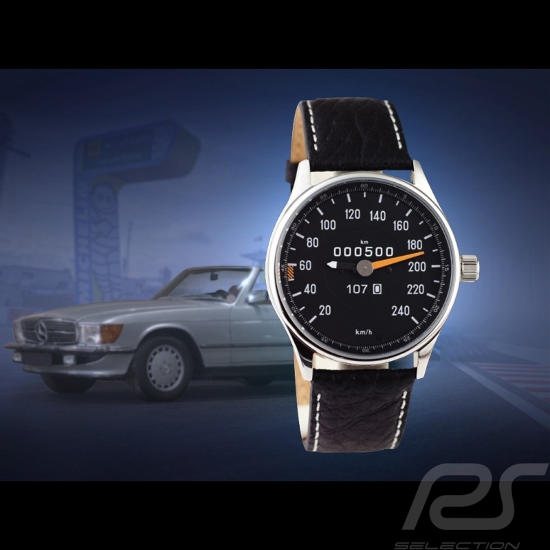 Montre compteur de vitesse Mercedes-Benz 500 SL W107 boitier chrome / fond noir / chiffres blancs