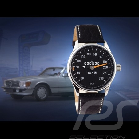 Montre compteur de vitesse Mercedes-Benz 500 SL W107 boitier chrome / fond noir / chiffres blancs