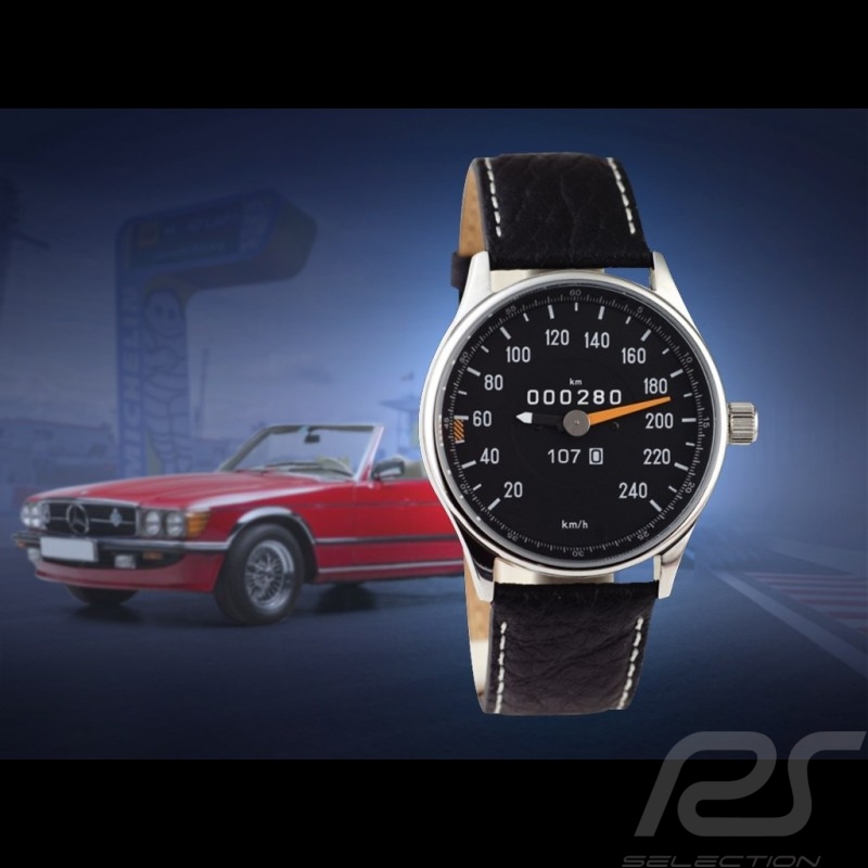 Montre compteur de vitesse Mercedes-Benz 280 SL W107 boitier chrome / fond noir / chiffres blancs