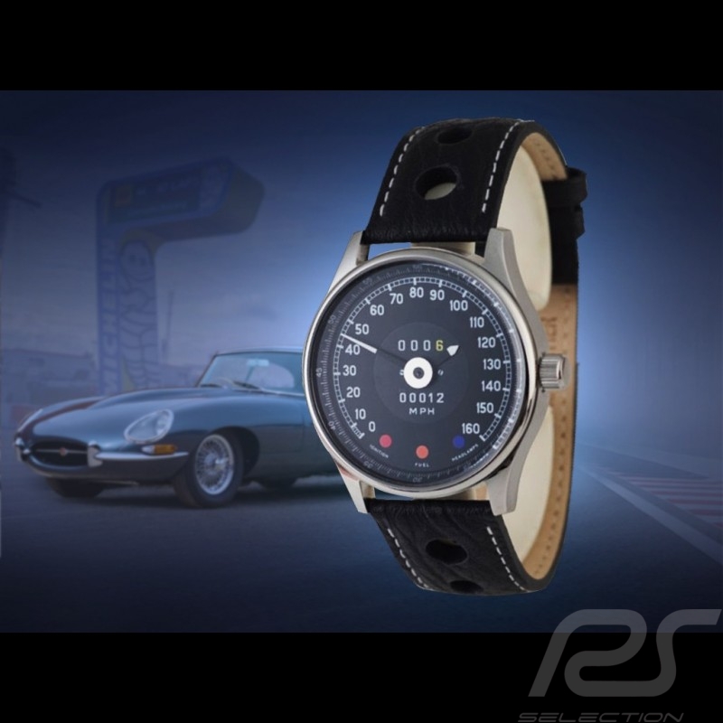 Montre compteur de vitesse Jaguar Type E boitier chrome / fond noir / chiffres blancs