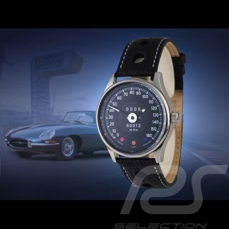 Montre compteur de vitesse Jaguar Type E boitier chrome / fond noir / chiffres blancs