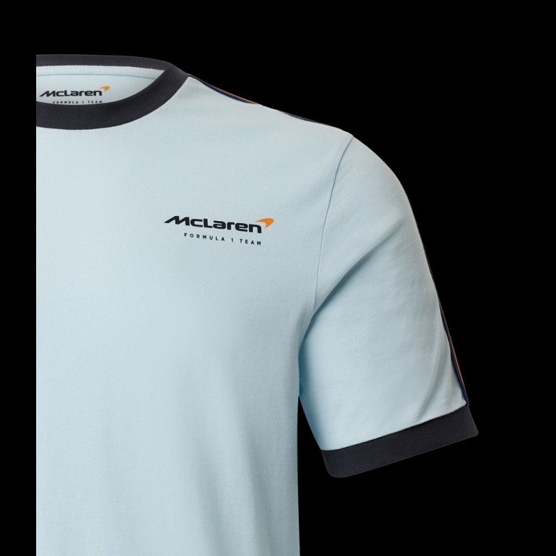 McLaren Formula One Team TM3407 T-shirt officiel à rayures imprimées Gulf Core Blanc neige/gris fantôme pour adulte