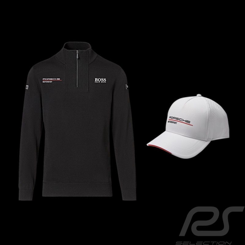 Duo Porsche Hugo Boss Strickpullover + Porsche Motorsport Kappe Perforierte weiß - Herren Duo Porsche Hugo Boss Strickpullover + Porsche Motorsport Kappe Perforierte weiß - Herren