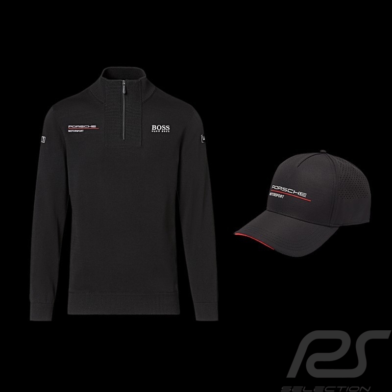 Duo Porsche Hugo Boss Strickpullover + Porsche Motorsport Kappe Perforierte Schwarz - Herren Duo Porsche Hugo Boss Strickpullover + Porsche Motorsport Kappe Perforierte Schwarz - Herren