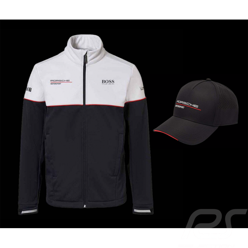 Duo Porsche Jacke Motorsport Hugo Boss Softshell + Porsche Motorsport Kappe Perforierte Schwarz - Herren Duo Porsche Jacke Motorsport Hugo Boss Softshell + Porsche Motorsport Kappe Perforierte Schwarz - Herren