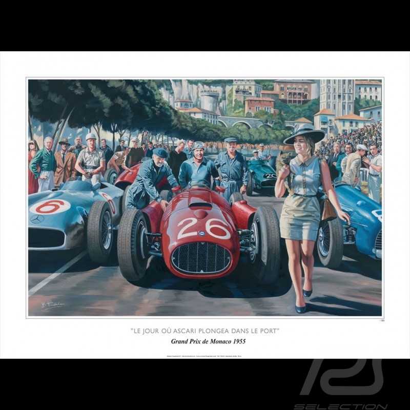 Affiche "Le Jour où Ascari plongea dans le port" GP Monaco 1955 dessin original de Benjamin Freudenthal