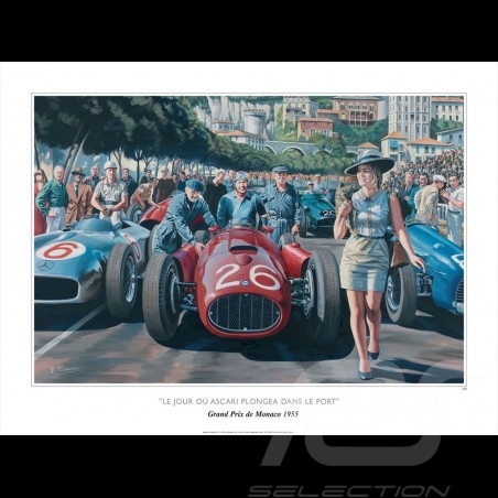 Affiche "Le Jour où Ascari plongea dans le port" GP Monaco 1955 dessin original de Benjamin Freudenthal